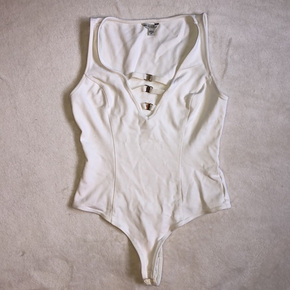 Guess Tops - Guess White V-Neck Tank Top Fitted Bodysuit